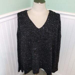 Woman's black and silver eyelash v-neck sweater